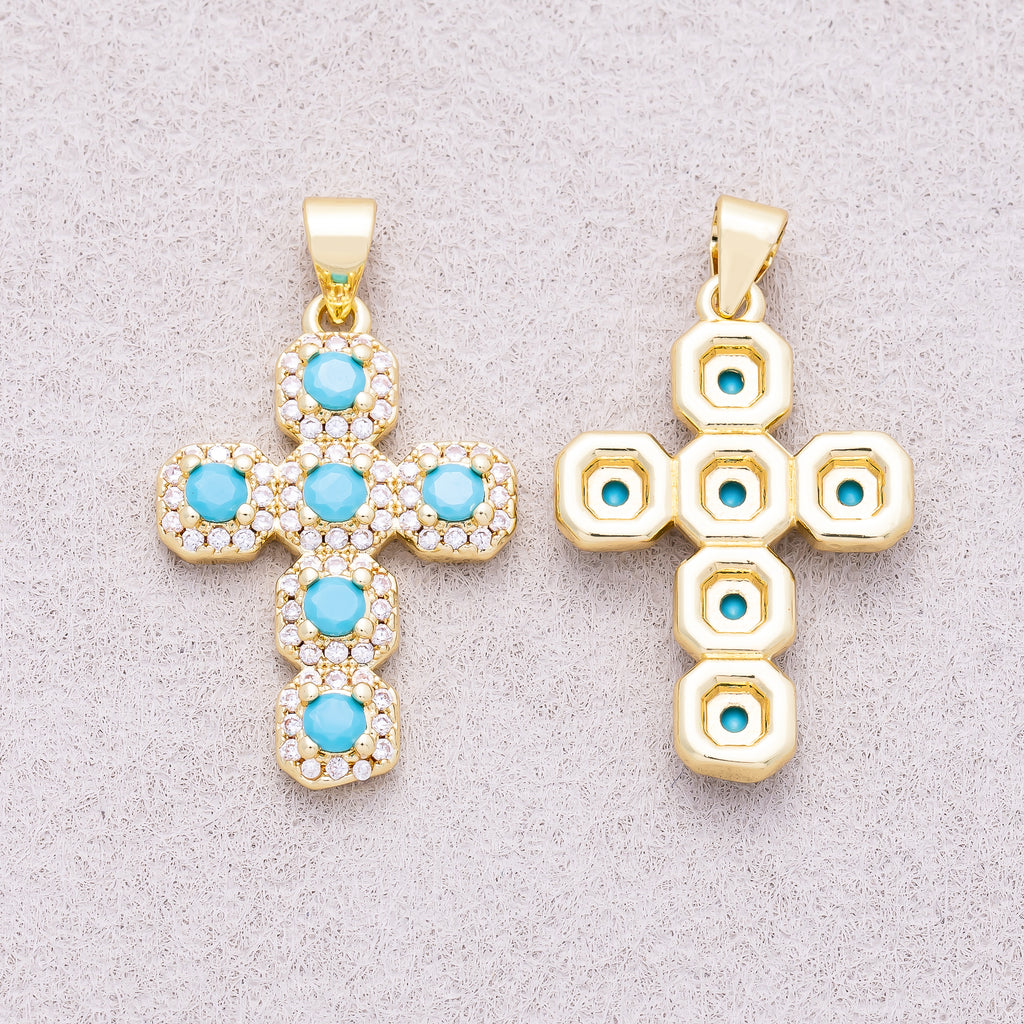 16K Gold Plated Round Turquoise Micro Paved CZ Statement Cross Religious Pendant - Sold Each