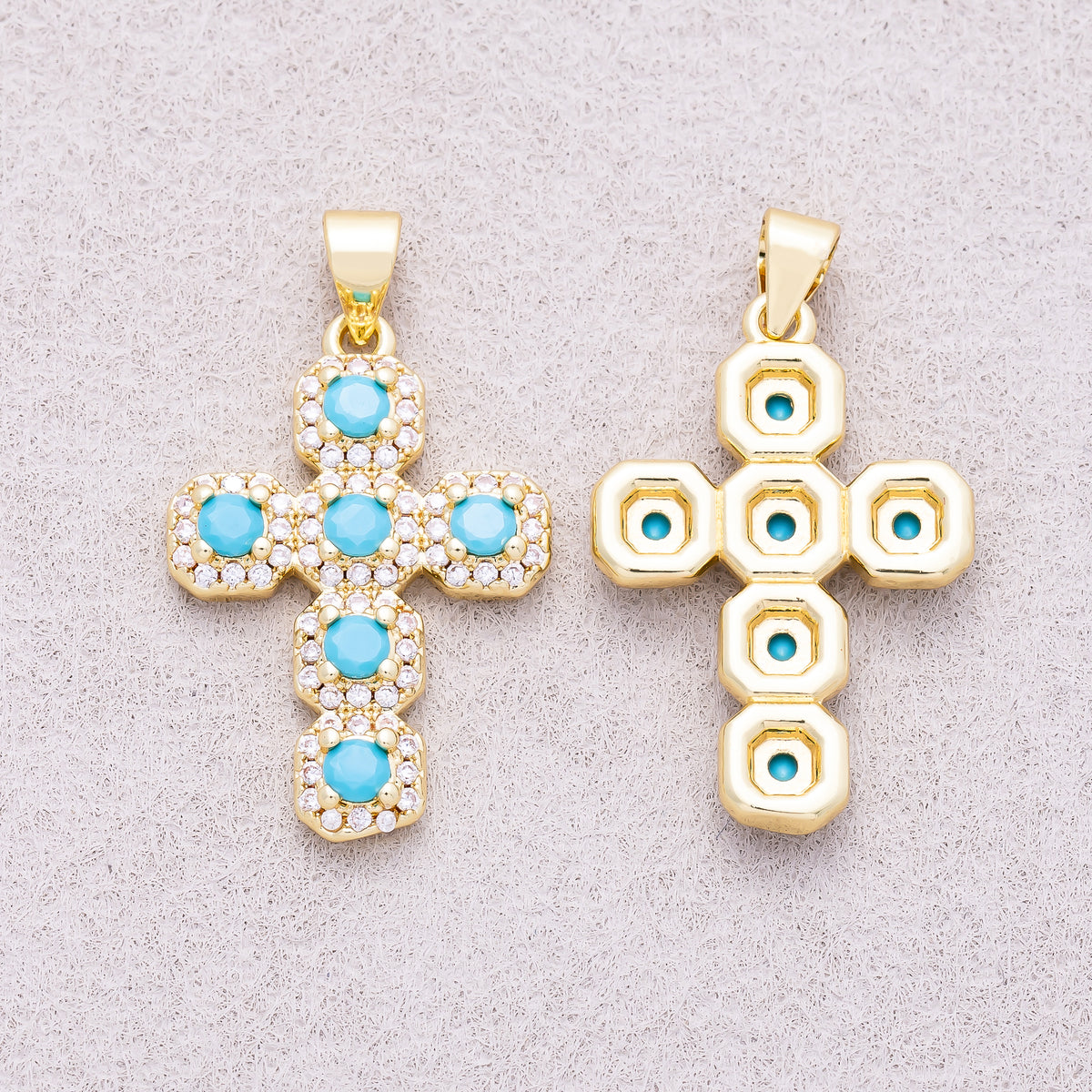 16K Gold Plated Round Turquoise Micro Paved CZ Statement Cross Religious Pendant - Sold Each
