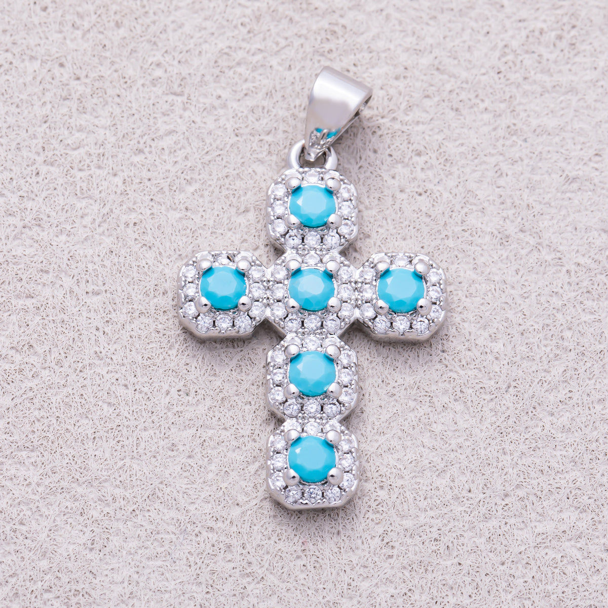 16K Gold Plated Round Turquoise Micro Paved CZ Statement Cross Religious Pendant - Sold Each