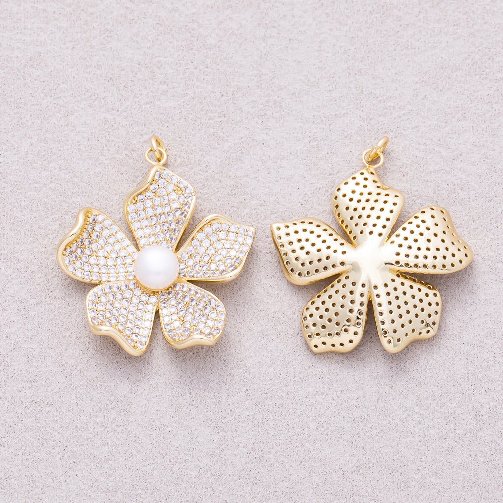 16K Gold Plated White Shell Pearl Micro Paved CZ Wavy Petal Flower Pendant - Sold Each