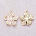 16K Gold Plated White Shell Pearl Micro Paved CZ Wavy Petal Flower Pendant - Sold Each