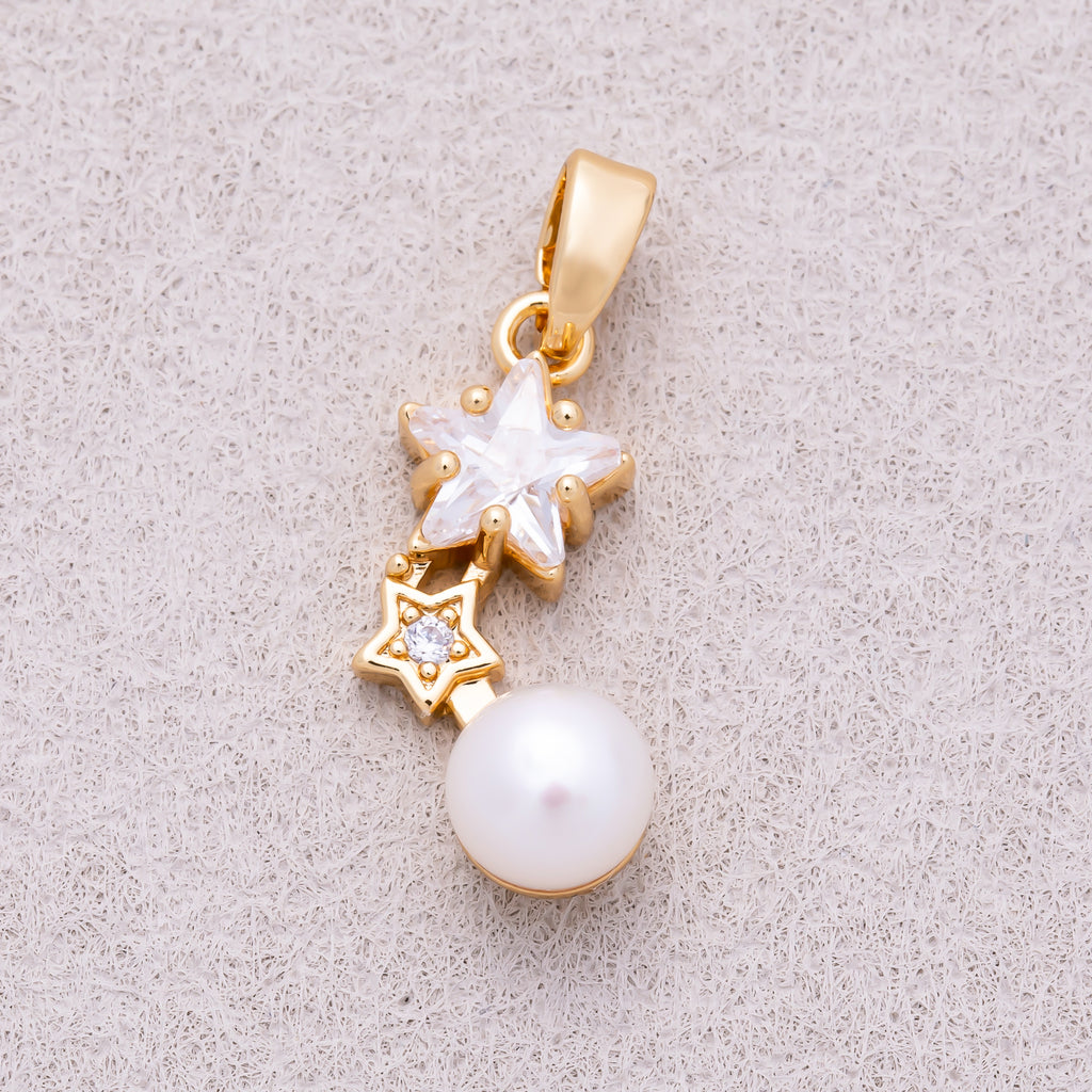 16K Gold Plated Double Star CZ & Shell Pearl Drop Pendant - Sold Each