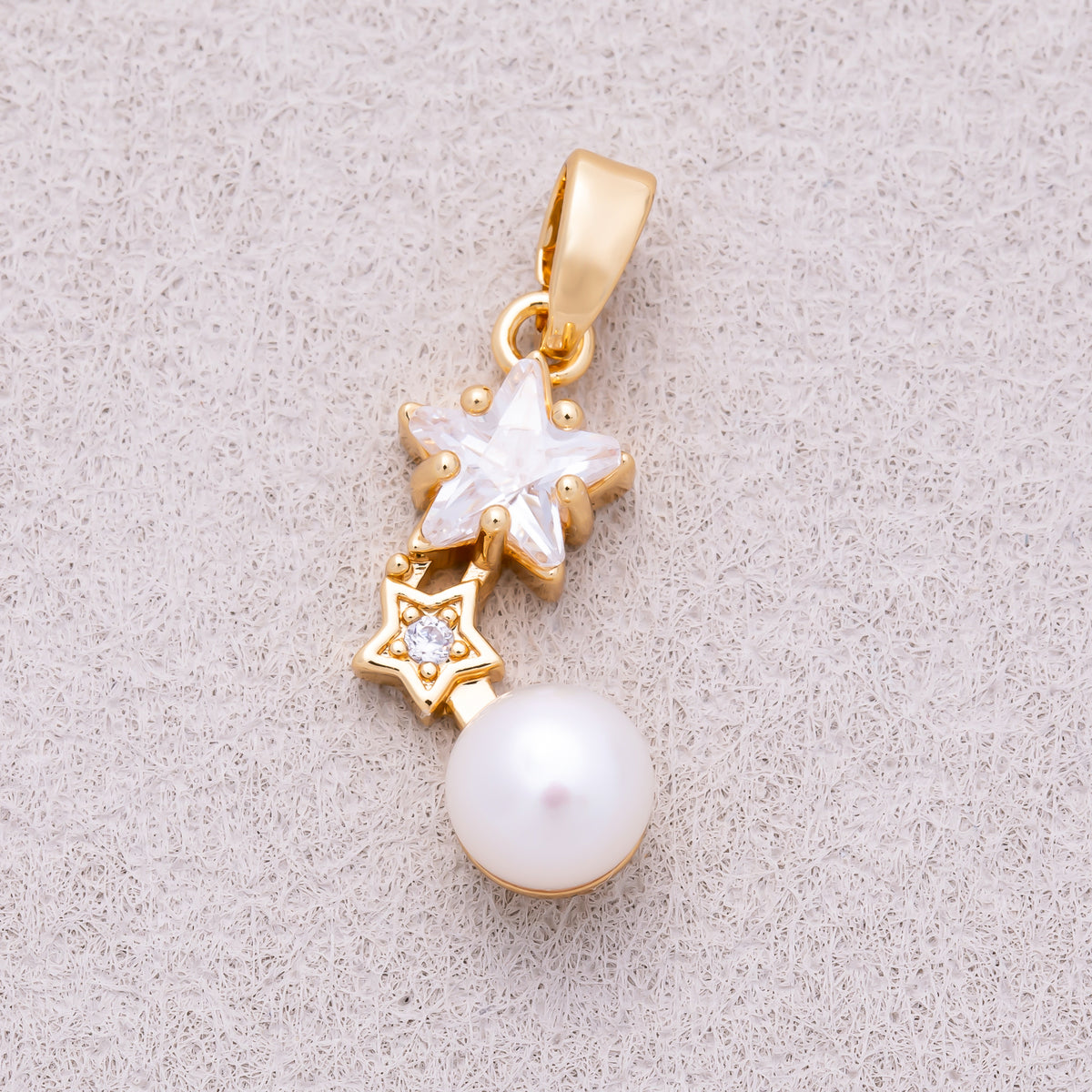 16K Gold Plated Double Star CZ & Shell Pearl Drop Pendant - Sold Each