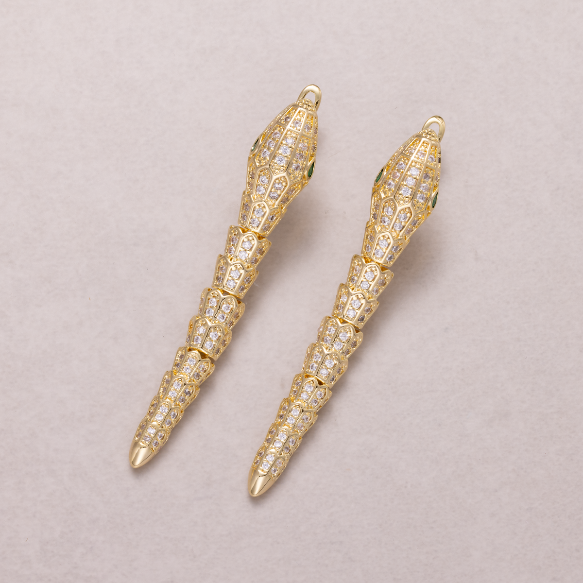 24K Gold Plated Micro Paved CZ Emerald Green Eyes Snake Articulated Drop Hoop Earrings