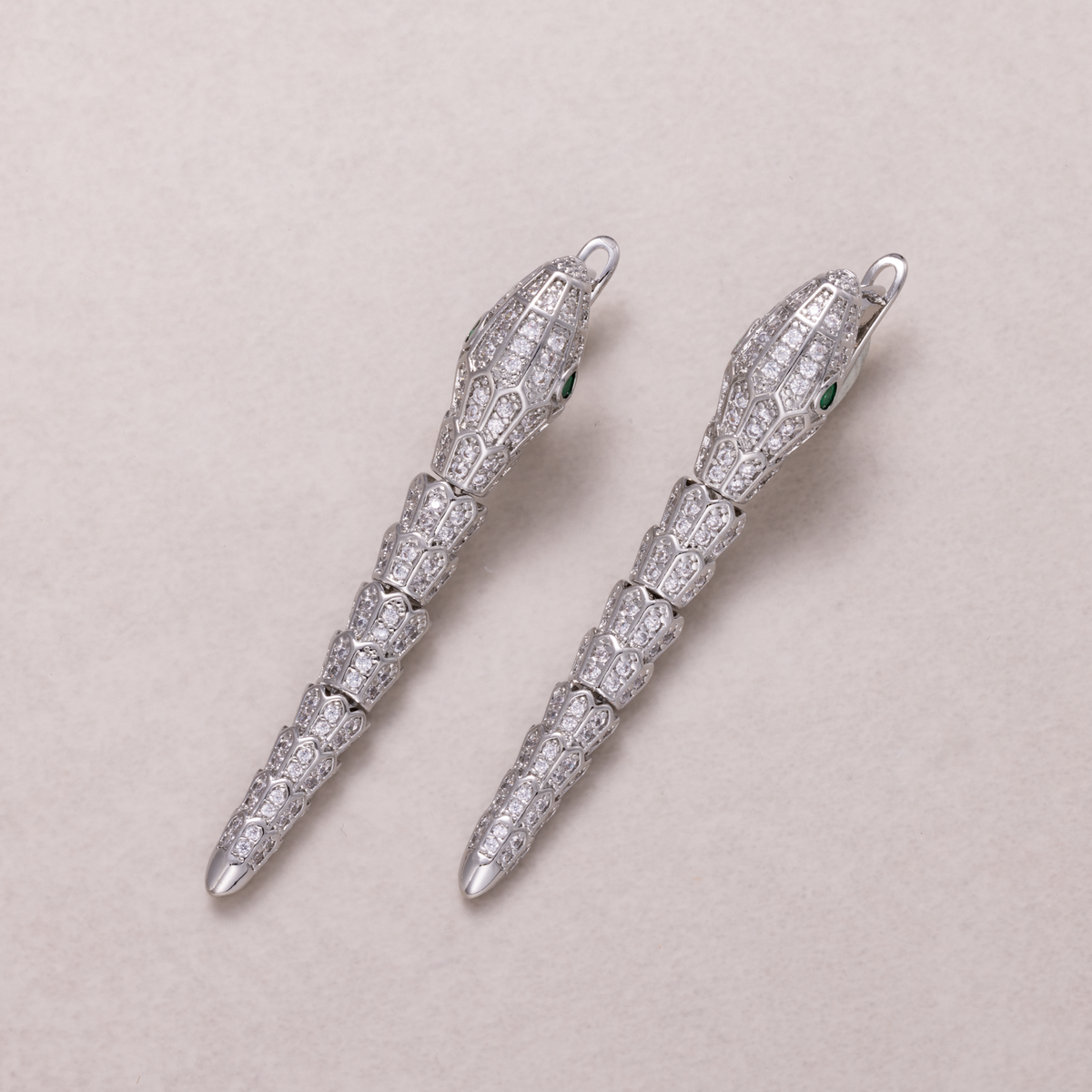 24K Gold Plated Micro Paved CZ Emerald Green Eyes Snake Articulated Drop Hoop Earrings