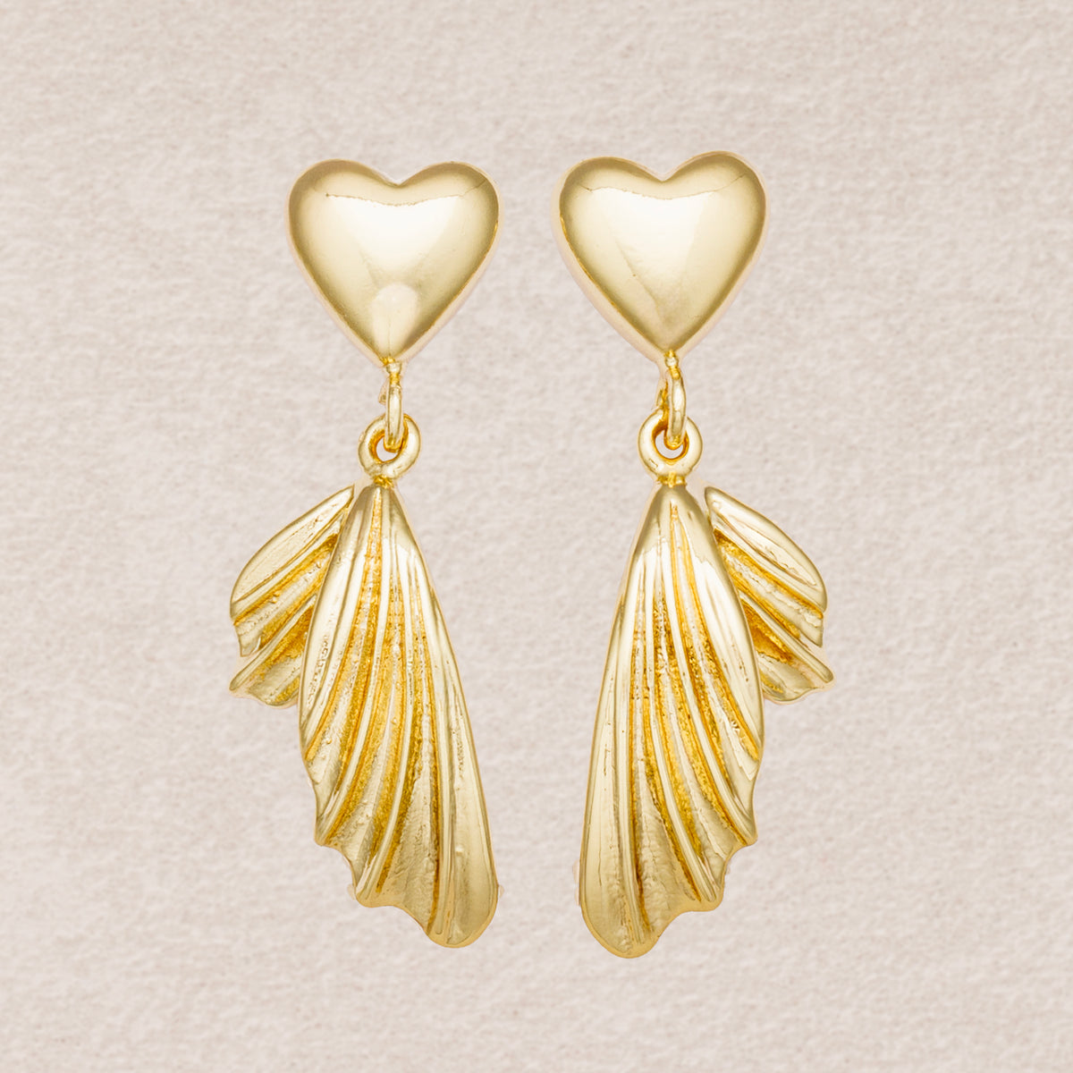 24K Gold Plated Puffy Heart Textured Wings Dangle Stud Earrings