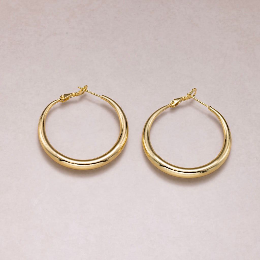24K Gold Plated Chunky Plain Round Tubular Hoop Earrings