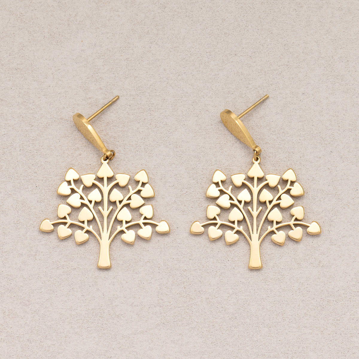 Gold PVD Stainless Steel Heart Leaf Tree of Life Drop Stud Earrings