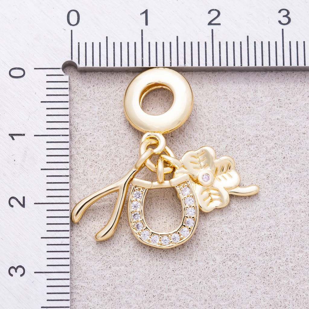16K Gold Plated Clear CZ Horseshoe, Clover, Wishbone Triple Lucky Dangle Charm - Sold Each