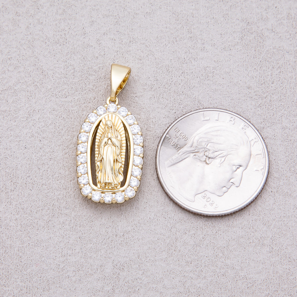 14K Gold Plated Micro Paved CZ Mother Mary Religious Pendant - Sold Each