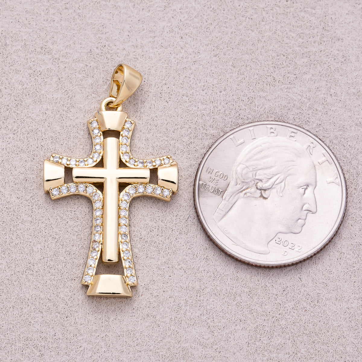 14K Gold Plated Micro Paved CZ Double Open Flared Cross Pendant - Sold Each