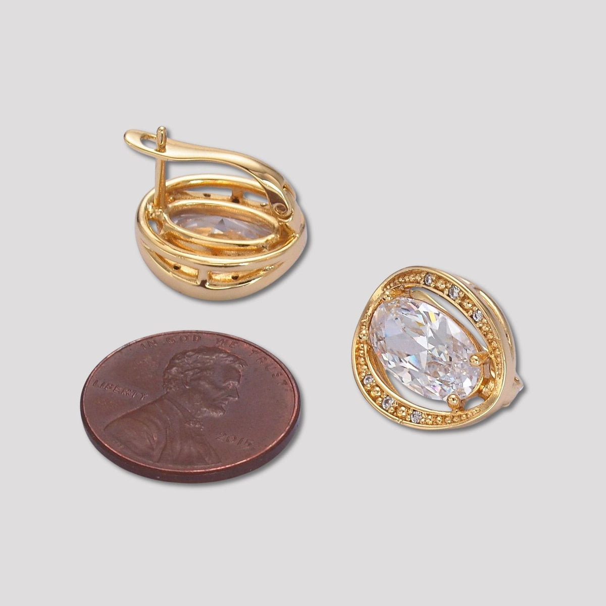 14K Gold Plated Oval CZ Vintage Beaded Textured Hoop Earrings