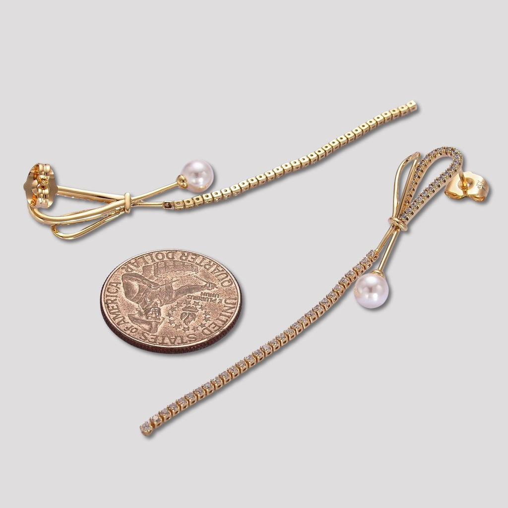 14K Gold Plated Shell Pearl Micro Paved CZ Bowknot Long Tassel Stud Earrings