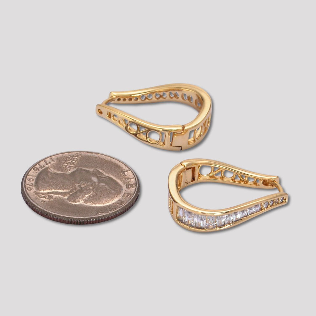 14K Gold Plated Baguette CZ Minimalist Teardrop Filigree Hoop Earrings