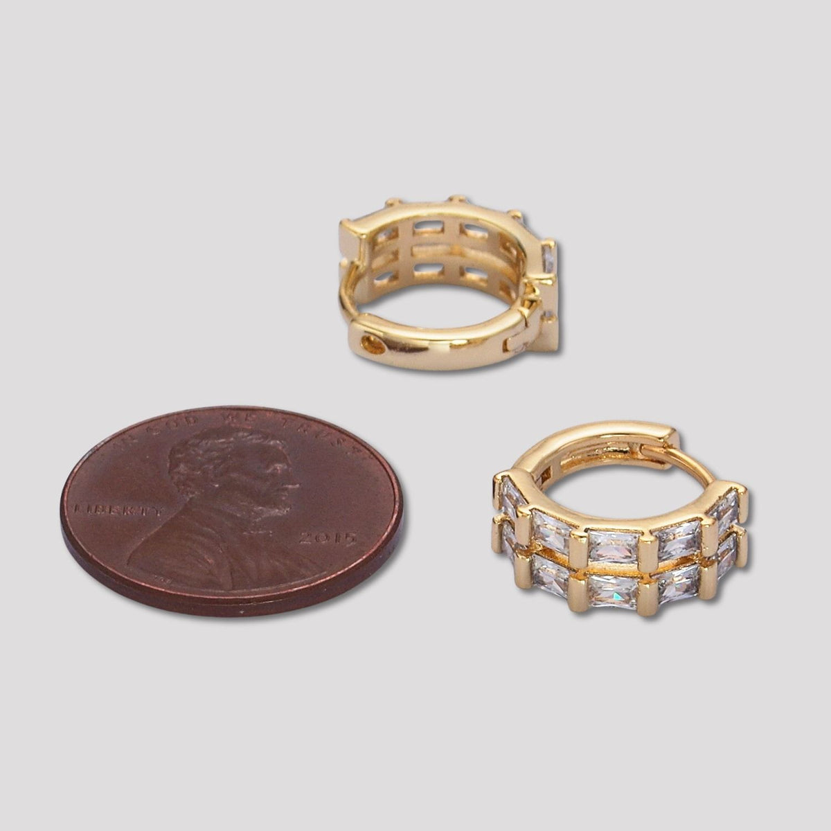 14K Gold Plated Baguette CZ Double Row Huggie Hoop Earrings