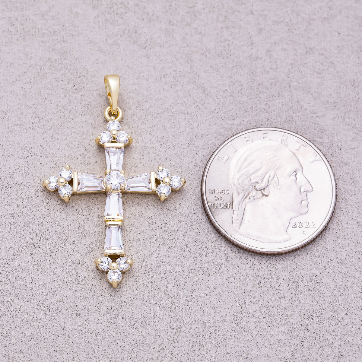 16K Gold Plated Clear CZ Baguette Micro Paved Religious Cross Pendant