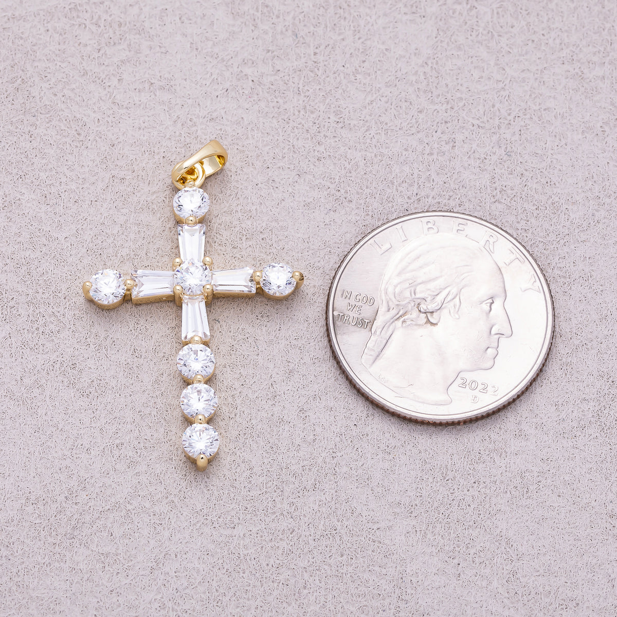 16K Gold Plated Baguette & Round CZ Cross Religious Pendant - Sold Each