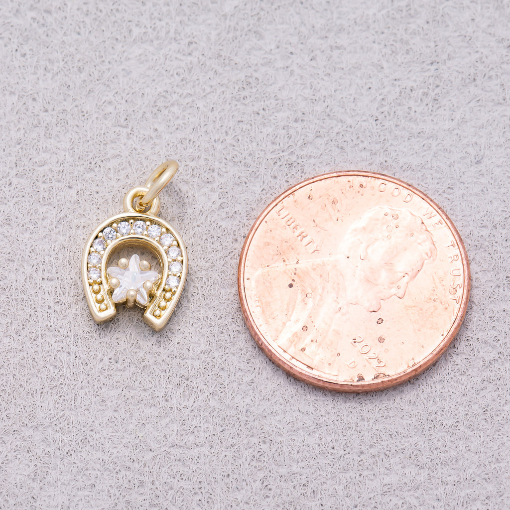 16K Gold Plated Clear Star CZ Lucky Horseshoe Charm - Sold Each