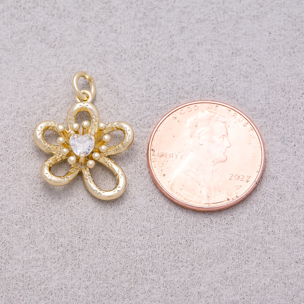 16K Gold Plated Heart CZ Textured Openwork Flower Charm - Sold Each