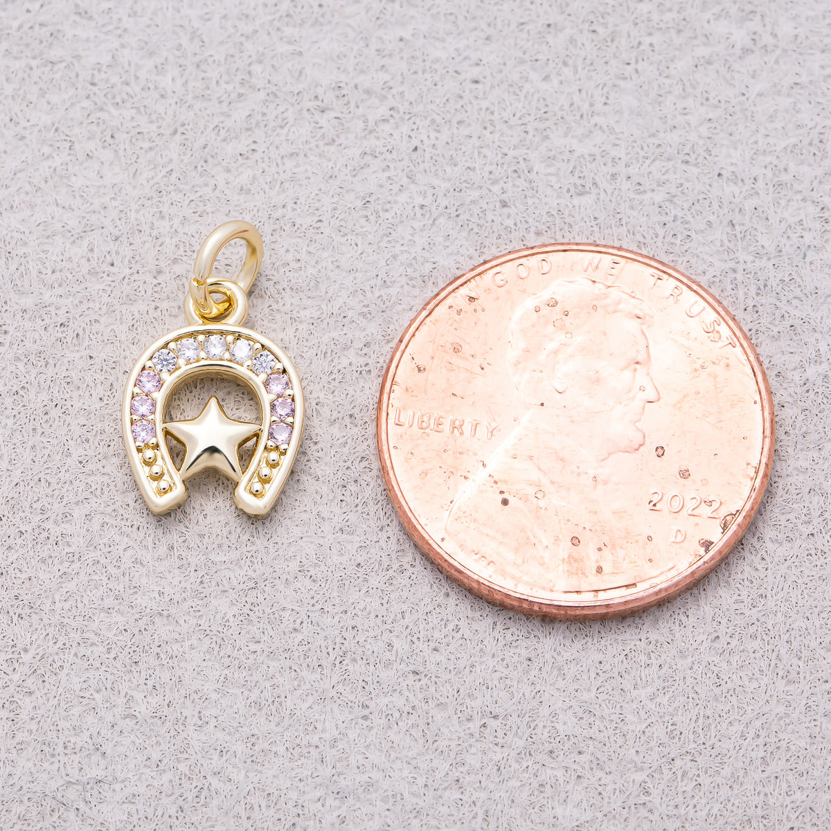 16K Gold Plated Micro Paved CZ Plain Star Lucky Horseshoe Charm - Sold Each