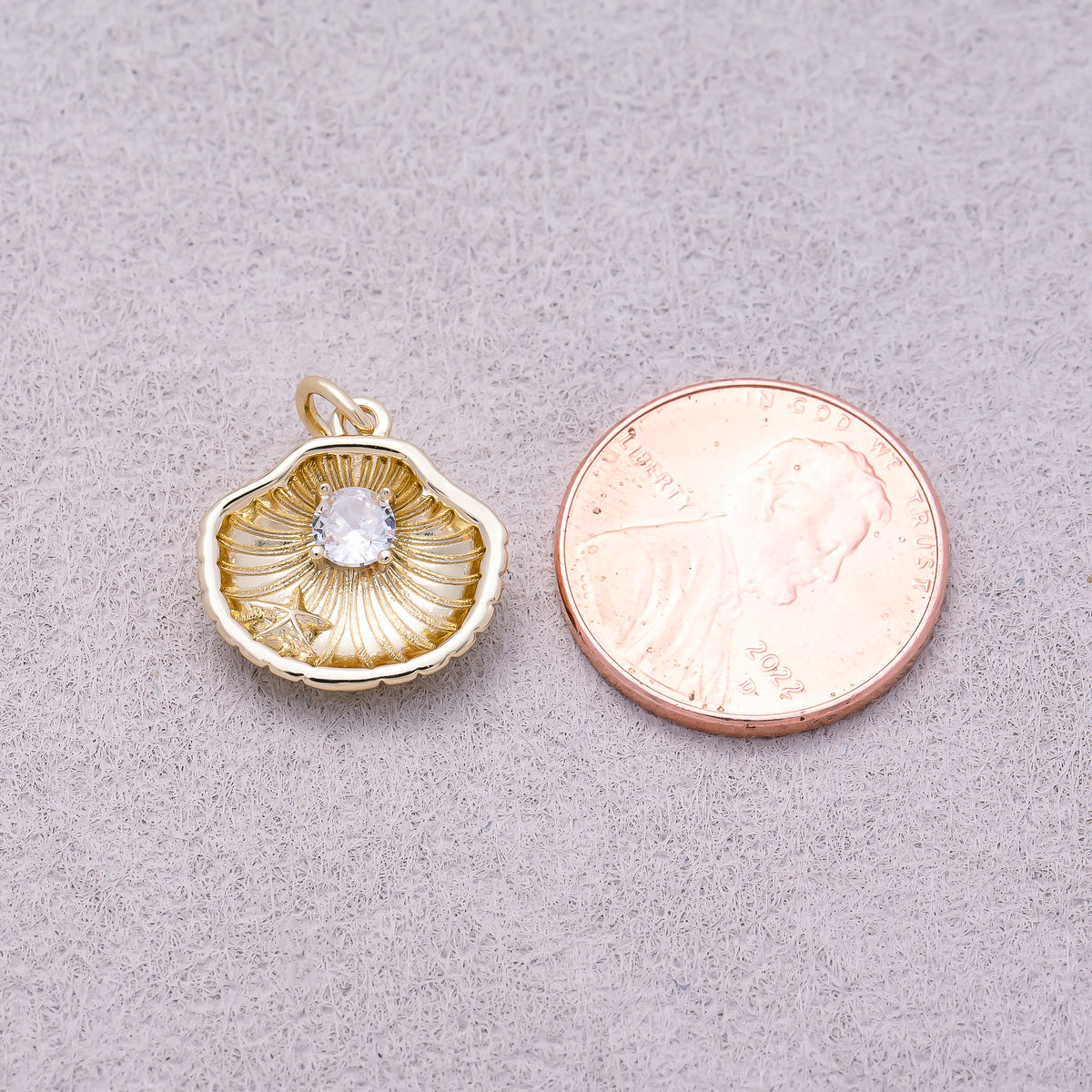 16K Gold Plated Round CZ Nautical Seashell Ocean Charm - Sold Each