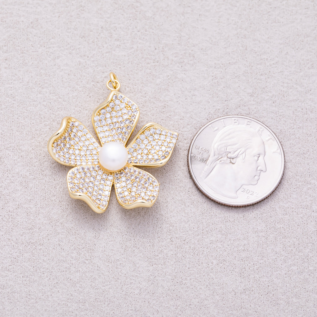 16K Gold Plated White Shell Pearl Micro Paved CZ Wavy Petal Flower Pendant - Sold Each