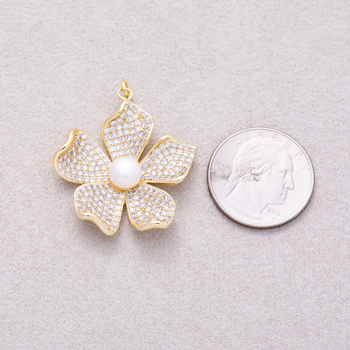 16K Gold Plated White Shell Pearl Micro Paved CZ Wavy Petal Flower Pendant - Sold Each