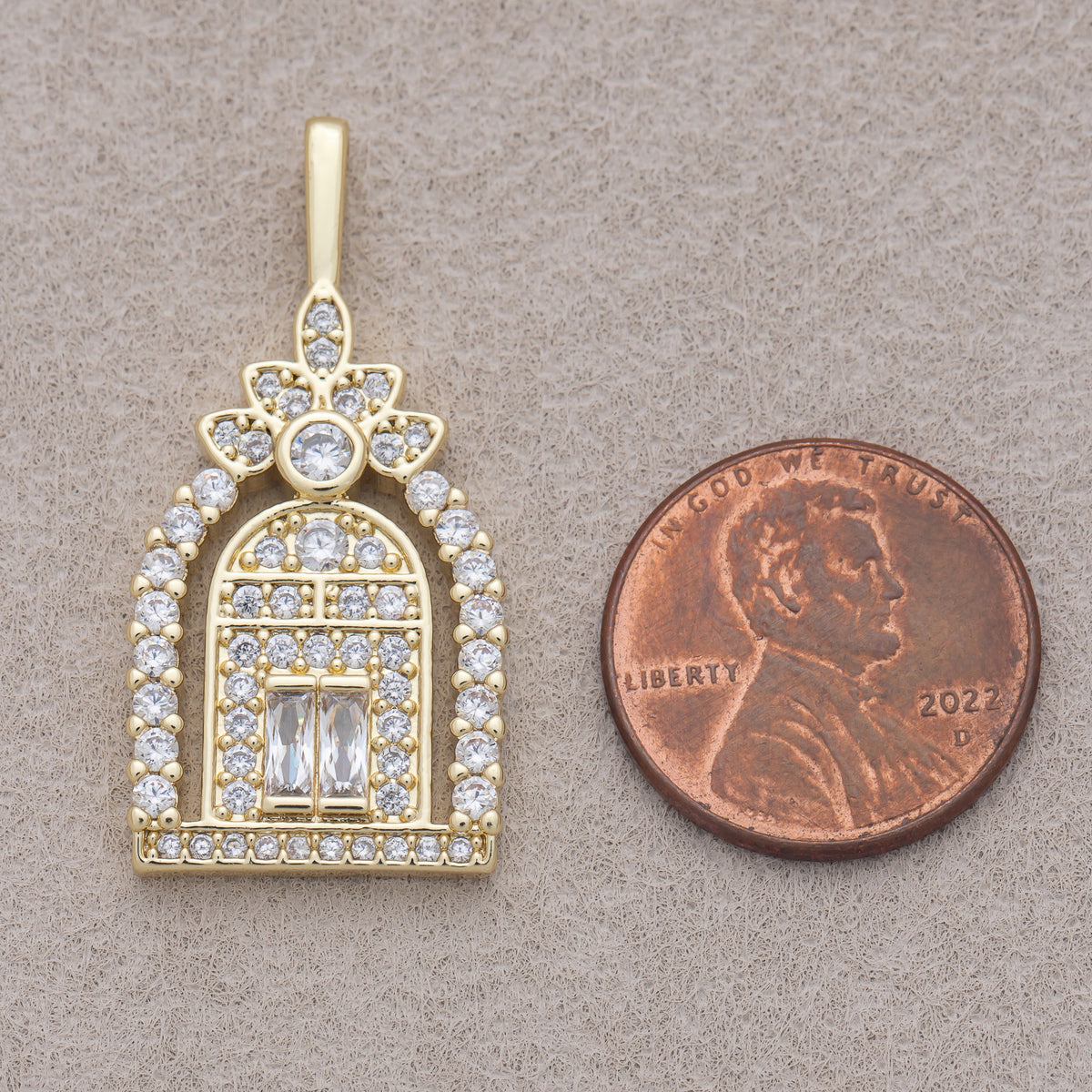 16K Gold Plated Clear Baguette Micro Paved CZ Flower Garden Gate Doorway Pendant - Sold Each