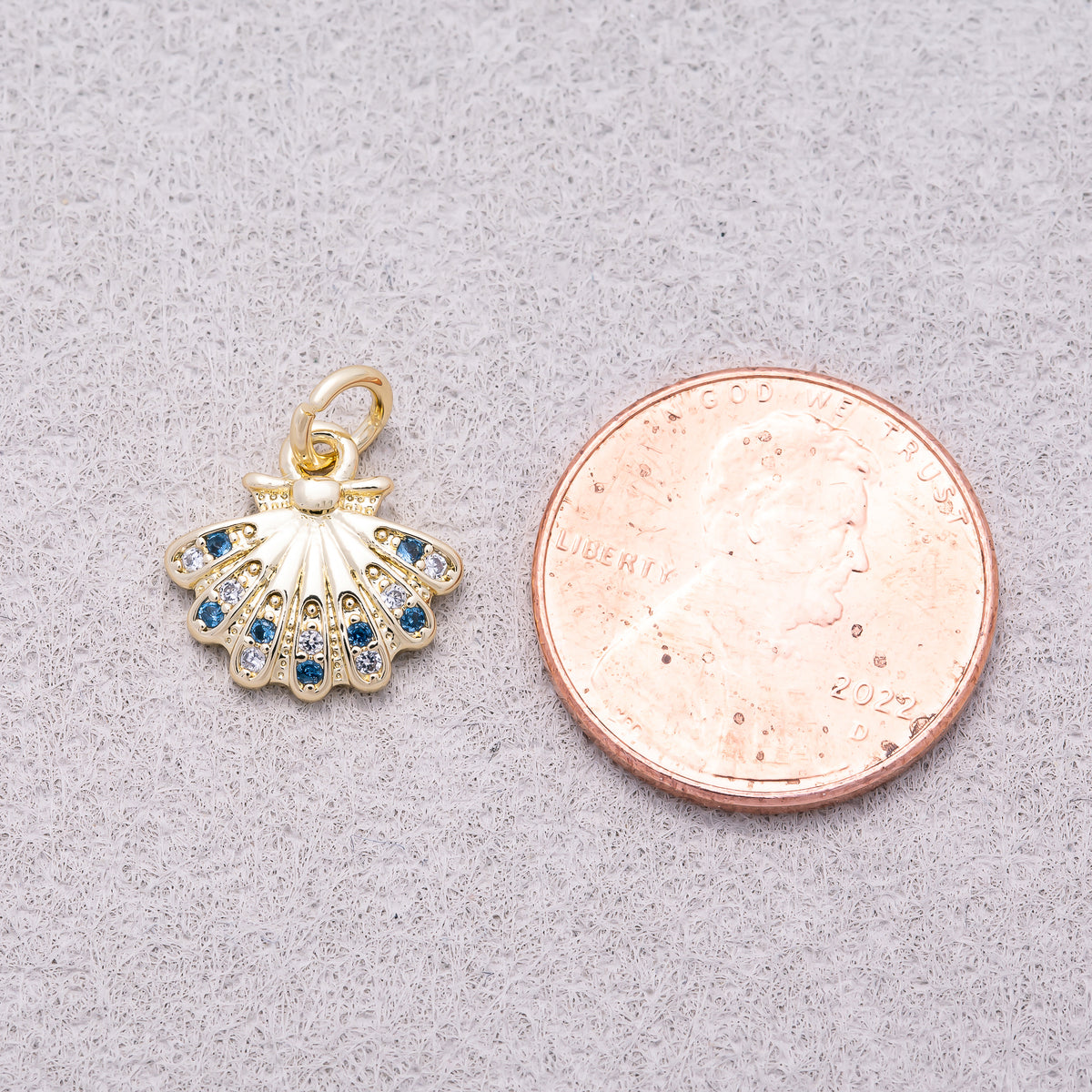 16K Gold Plated Blue and Clear CZ Fan-Shaped Peacock Tail Charm - Sold Each