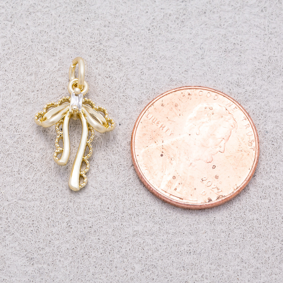 16K Gold Plated Baguette CZ Vintage Coquette Draped Ribbon Charm - Sold Each