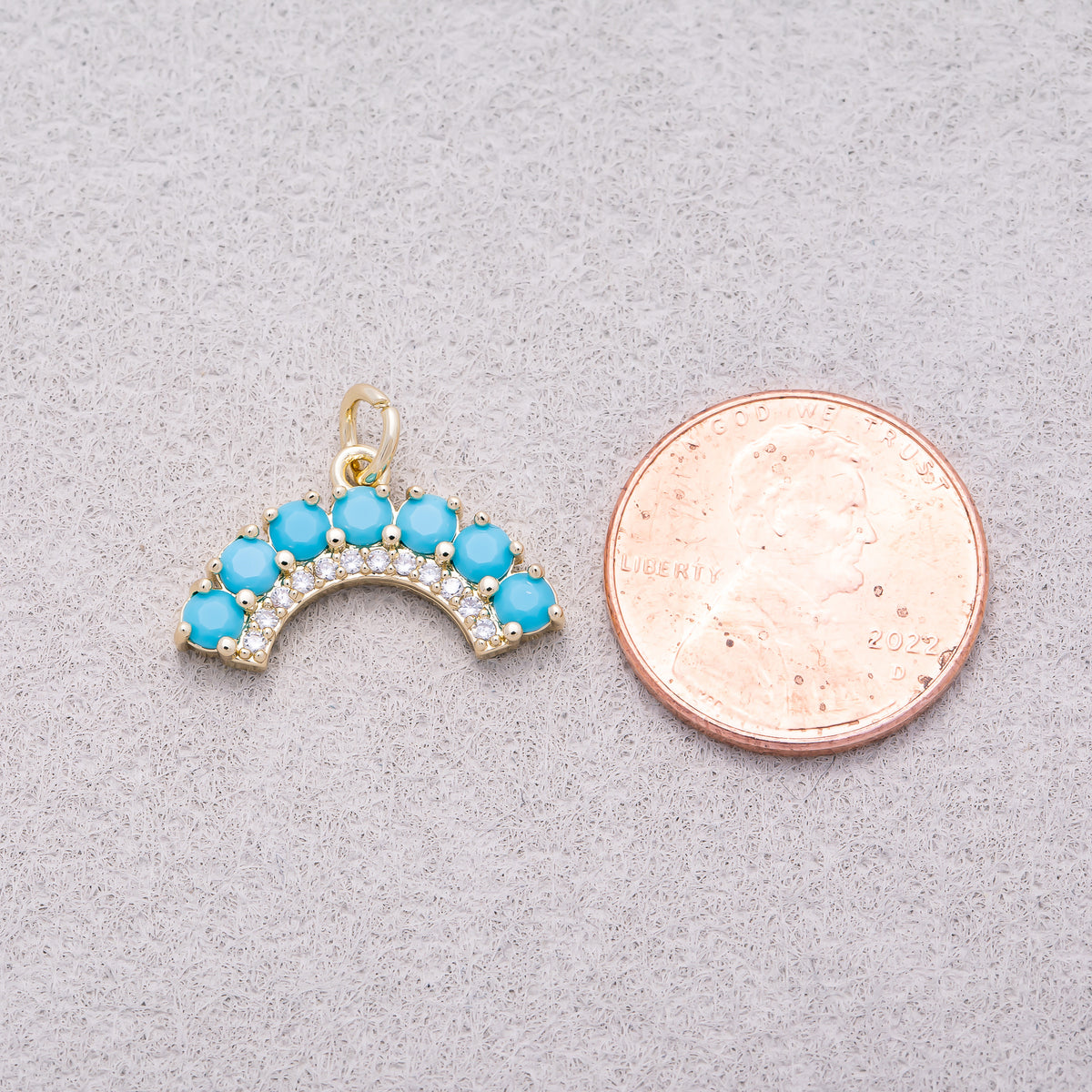 16K Gold Plated Clear and Turquoise Micro Paved CZ Curved Arch Rainbow Charm - Sold Each