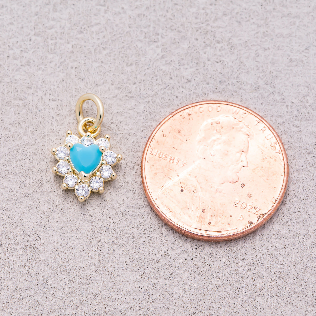 16K Gold Plated Clear CZ Starburst Turquoise Heart Charm - Sold Each