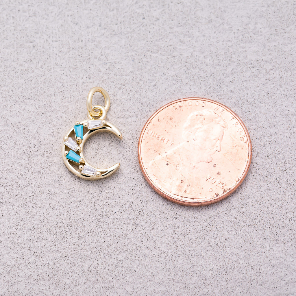 16K Gold Plated Turquoise & Clear CZ Celestial Crescent Moon Charm - Sold Each