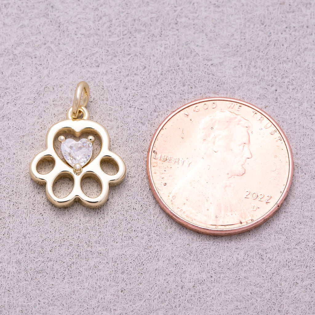 16K Gold Plated Heart CZ Filigree Paw Print Charm - Sold Each