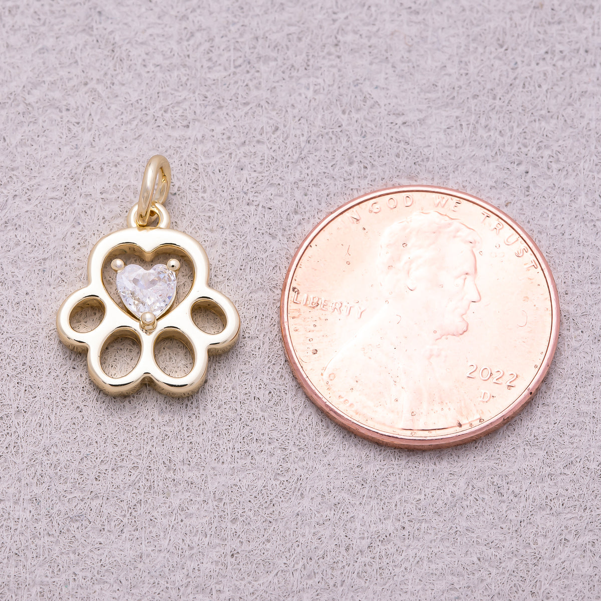 16K Gold Plated Heart CZ Filigree Paw Print Charm - Sold Each