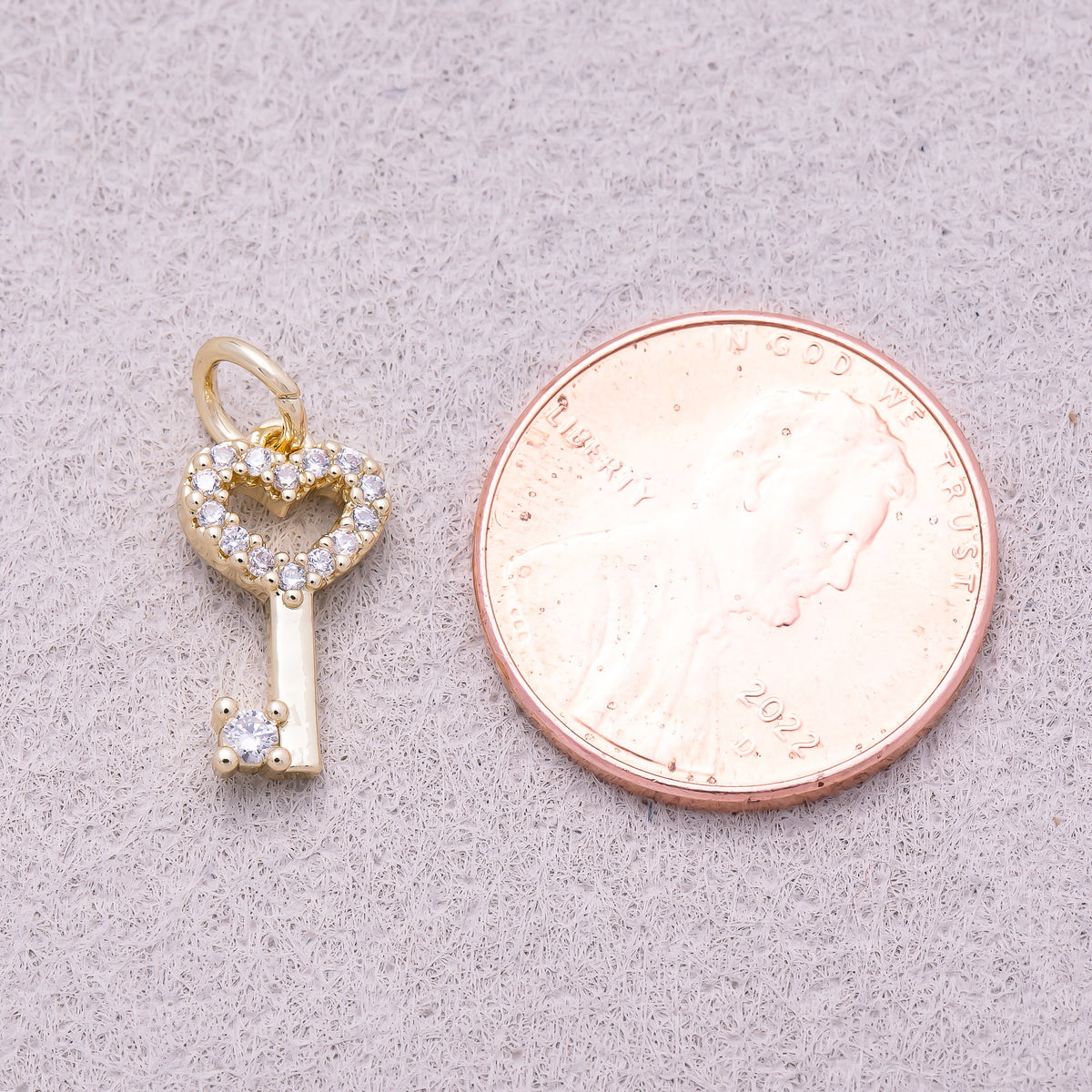 16K Gold Plated Micro Paved CZ Heart Bow Key Charm - Sold Each