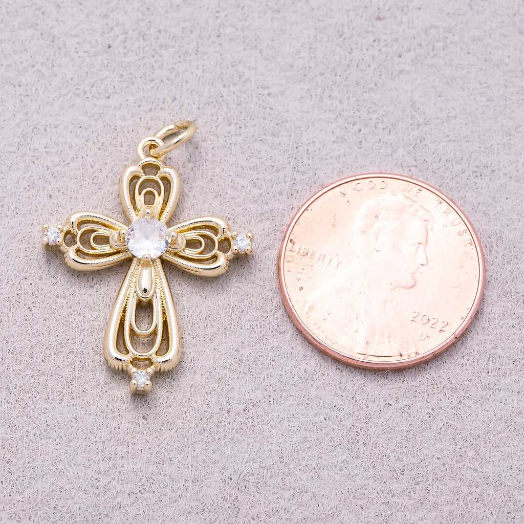 16K Gold Plated Clear Solitaire CZ Vintage Victorian Filigree Cross Charm - Sold Each