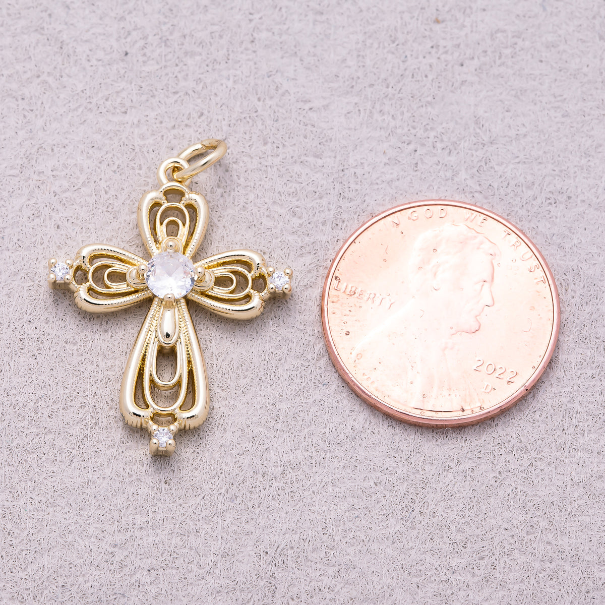16K Gold Plated Clear Solitaire CZ Vintage Victorian Filigree Cross Charm - Sold Each