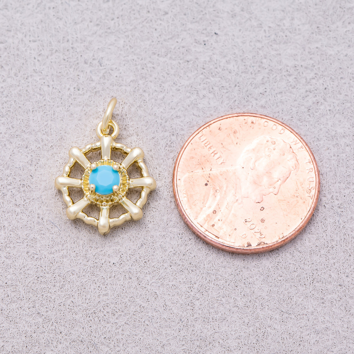 16K Gold Plated Turquoise CZ Nautical Ship Wheel Compass Charm - Sold Each