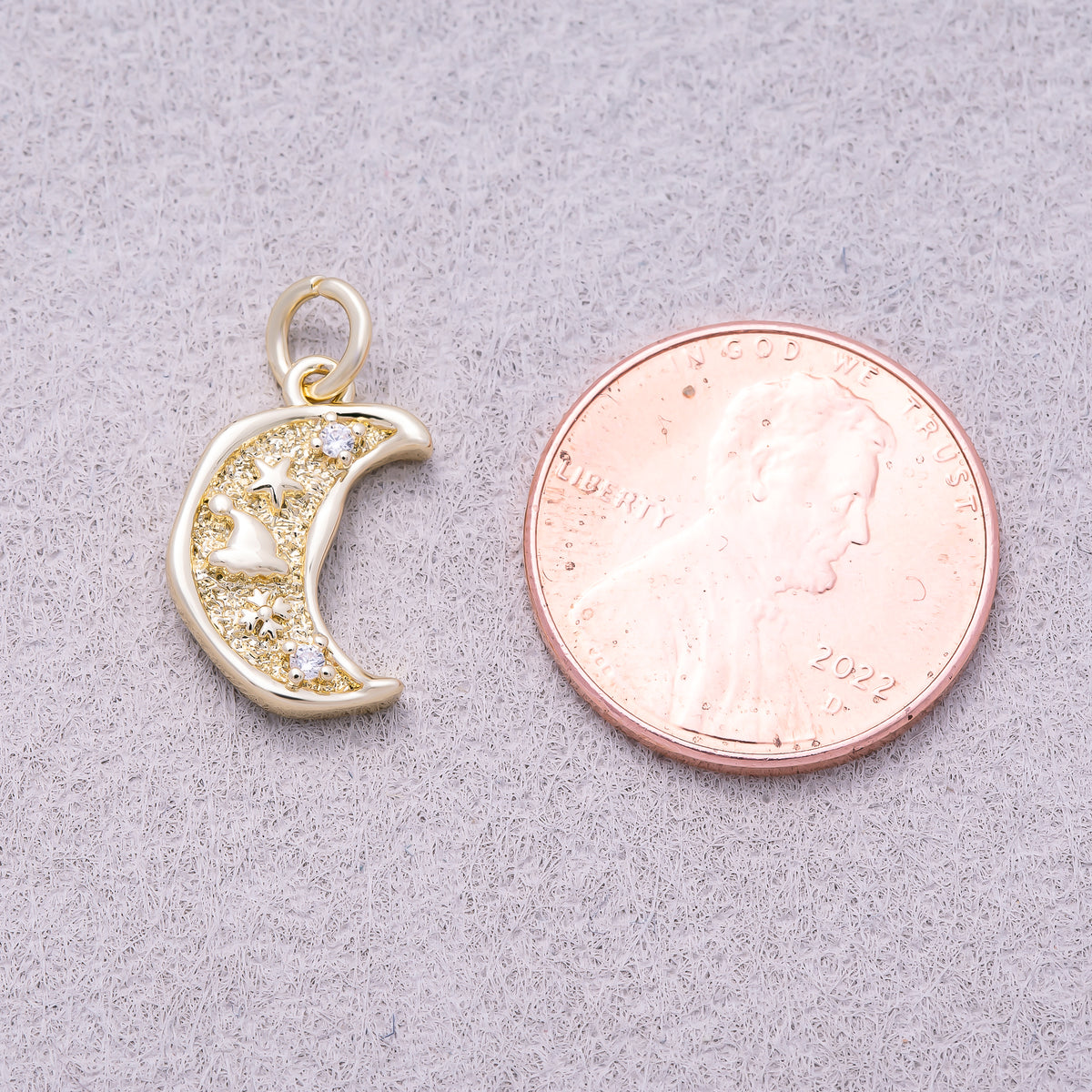 16K Gold Plated Clear CZ Textured Celestial Crescent Moon Charm - Sold Each
