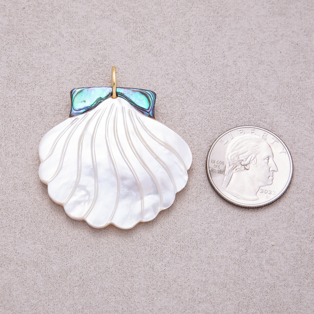 16K Gold Plated Carved White Mother of Pearl & Abalone Shell Scallop Charm - Sold Each