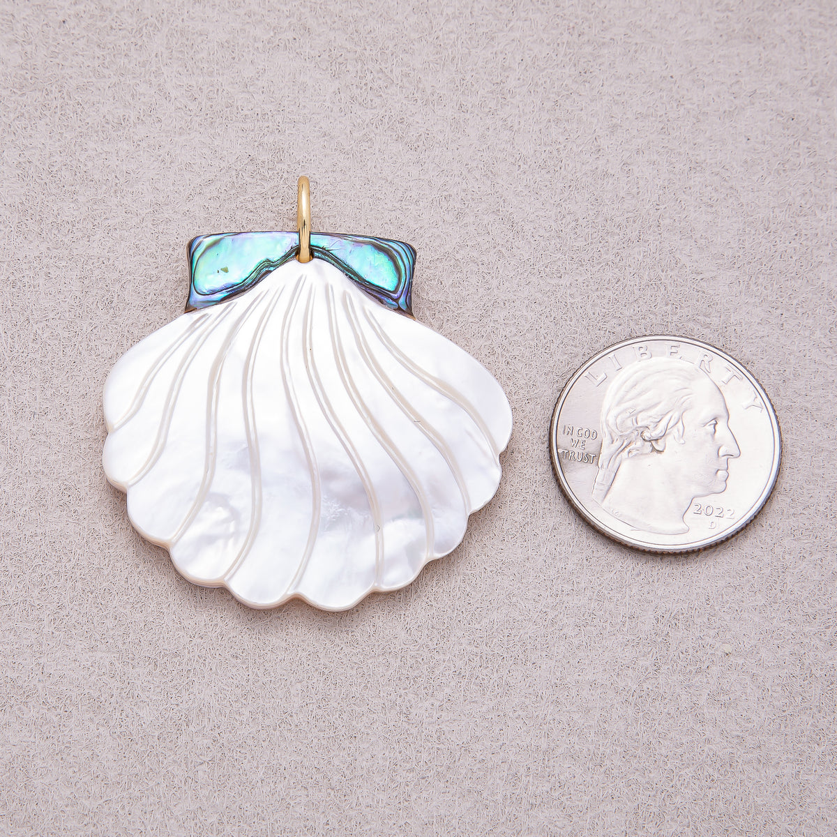 16K Gold Plated Carved White Mother of Pearl & Abalone Shell Scallop Charm - Sold Each