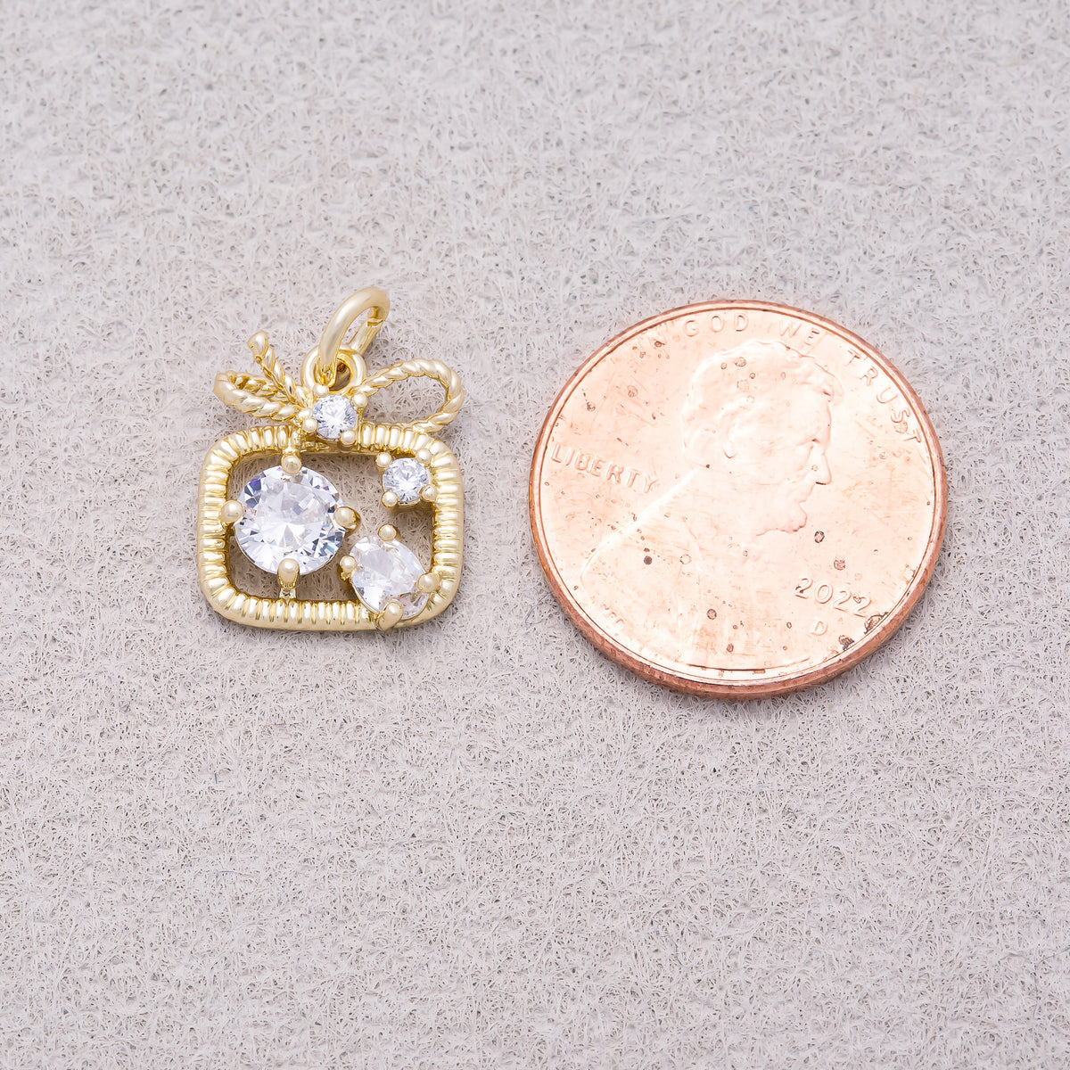 16K Gold Plated Clear CZ Ribbed Gift Box Ribbon Bow Charm - Sold Each
