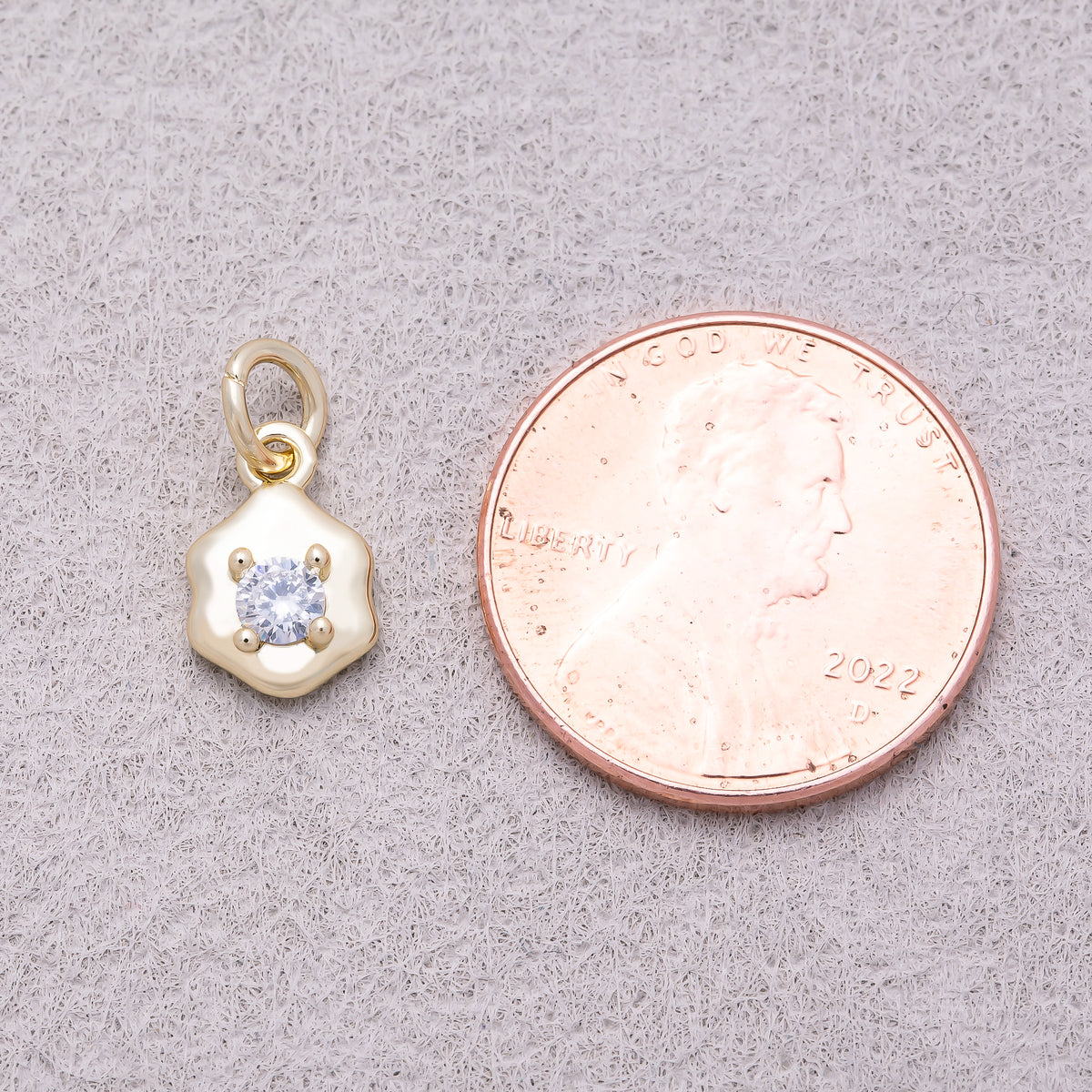 16K Gold Plated Scalloped Hexagon Solitaire Round CZ Charm - Sold Each