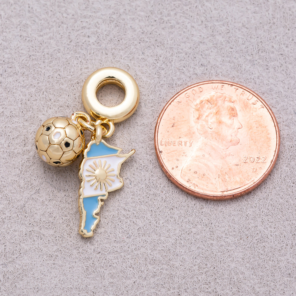 16K Gold Plated Argentina Map Flag & Soccer Ball Dual Dangle Pendant - Sold Each