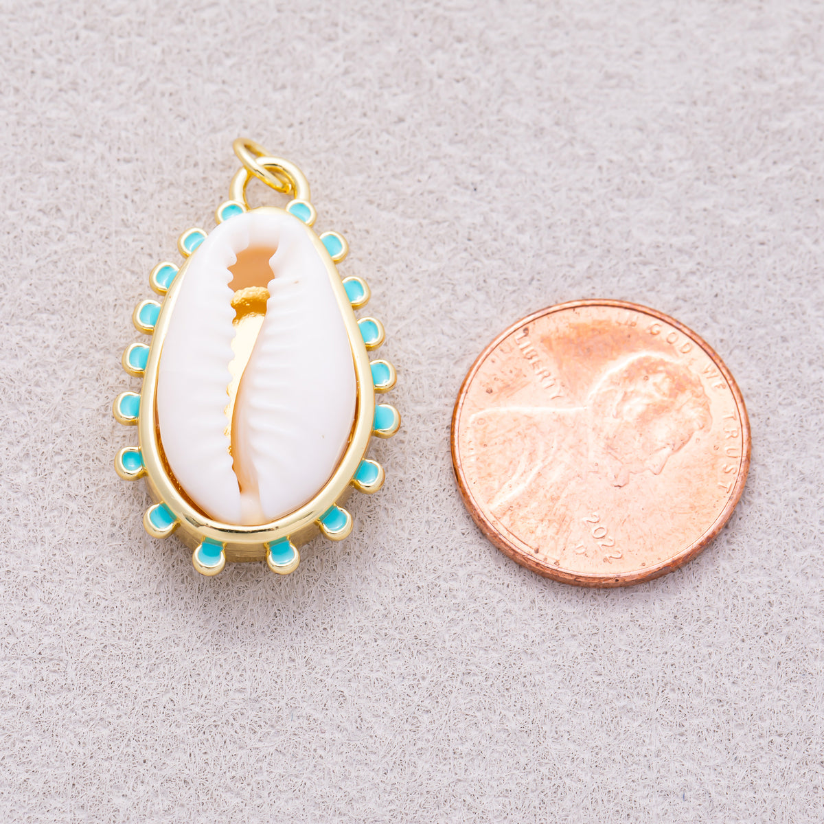 16K Gold Plated Turquoise Enamel Natural Cowrie Shell Scalloped Ocean Pendant - Sold Each