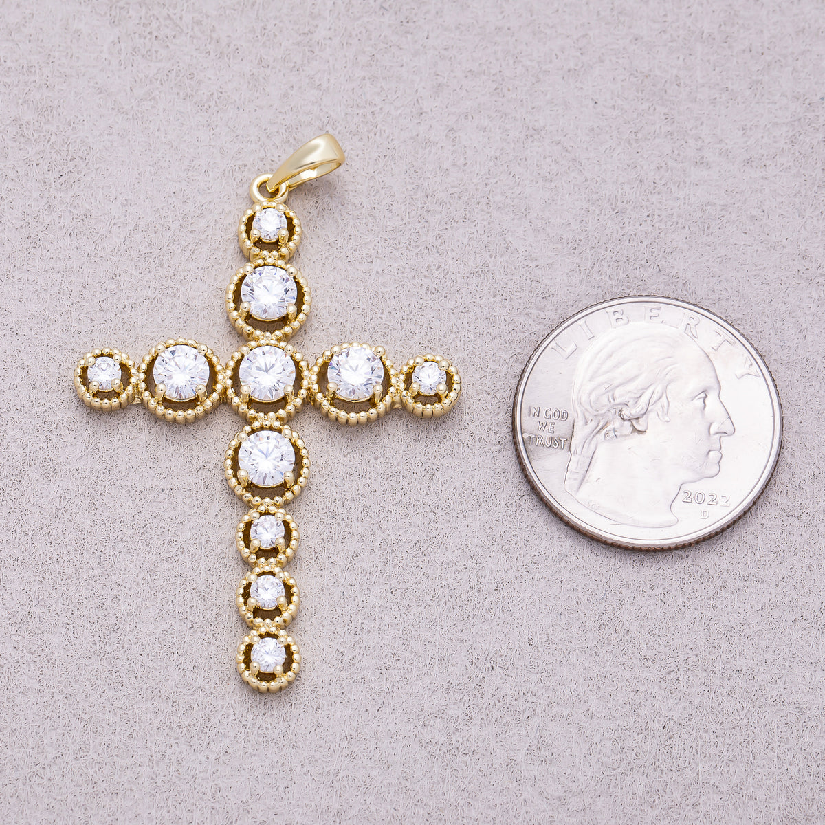 16K Gold Plated Clear CZ Round Religious Cross Pendant - Sold Each