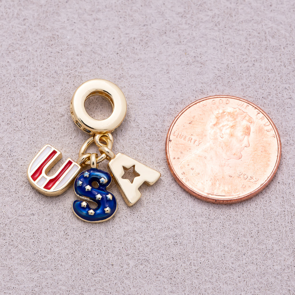 16K Gold Plated Clear CZ Letter USA Flag Enamel Pendant - Sold Each