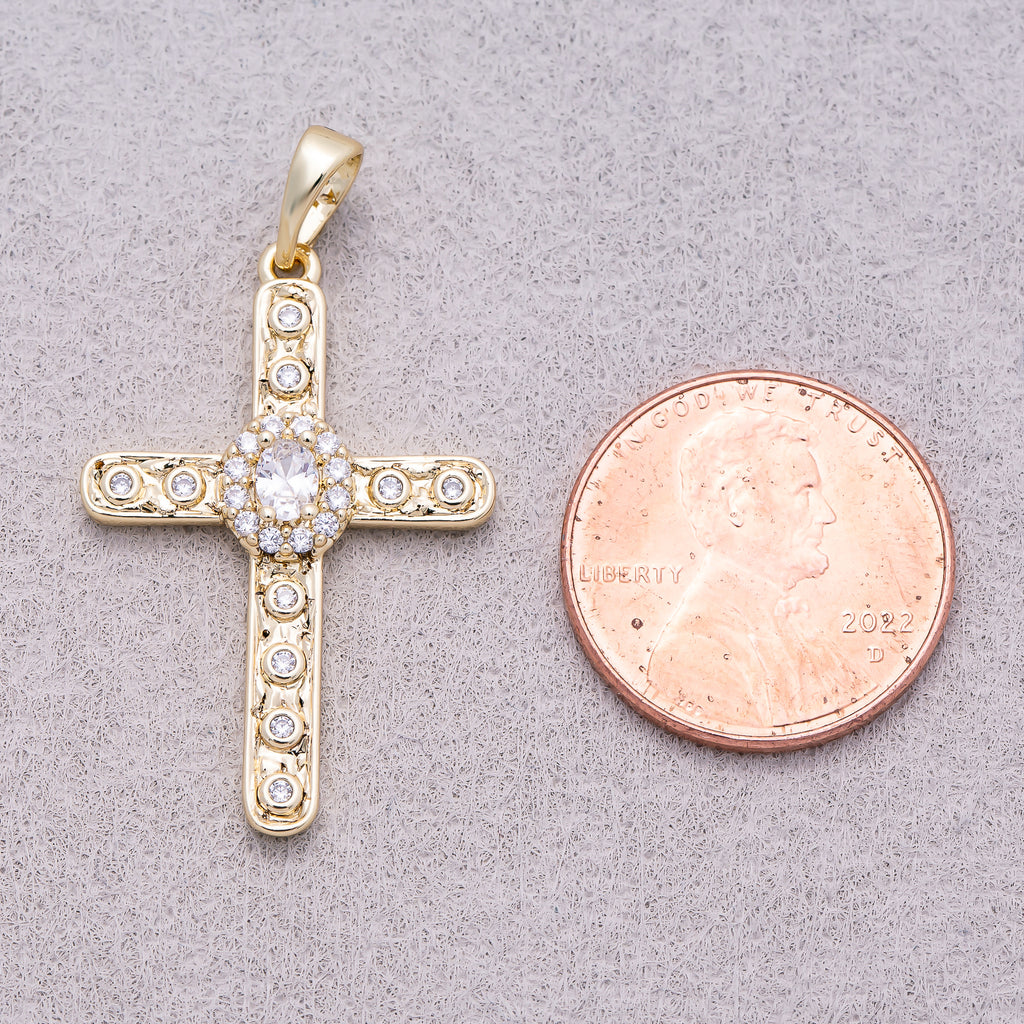 16K Gold Plated Clear CZ Micro Paved Dotted Hammered Religious Cross Pendant - Sold Each
