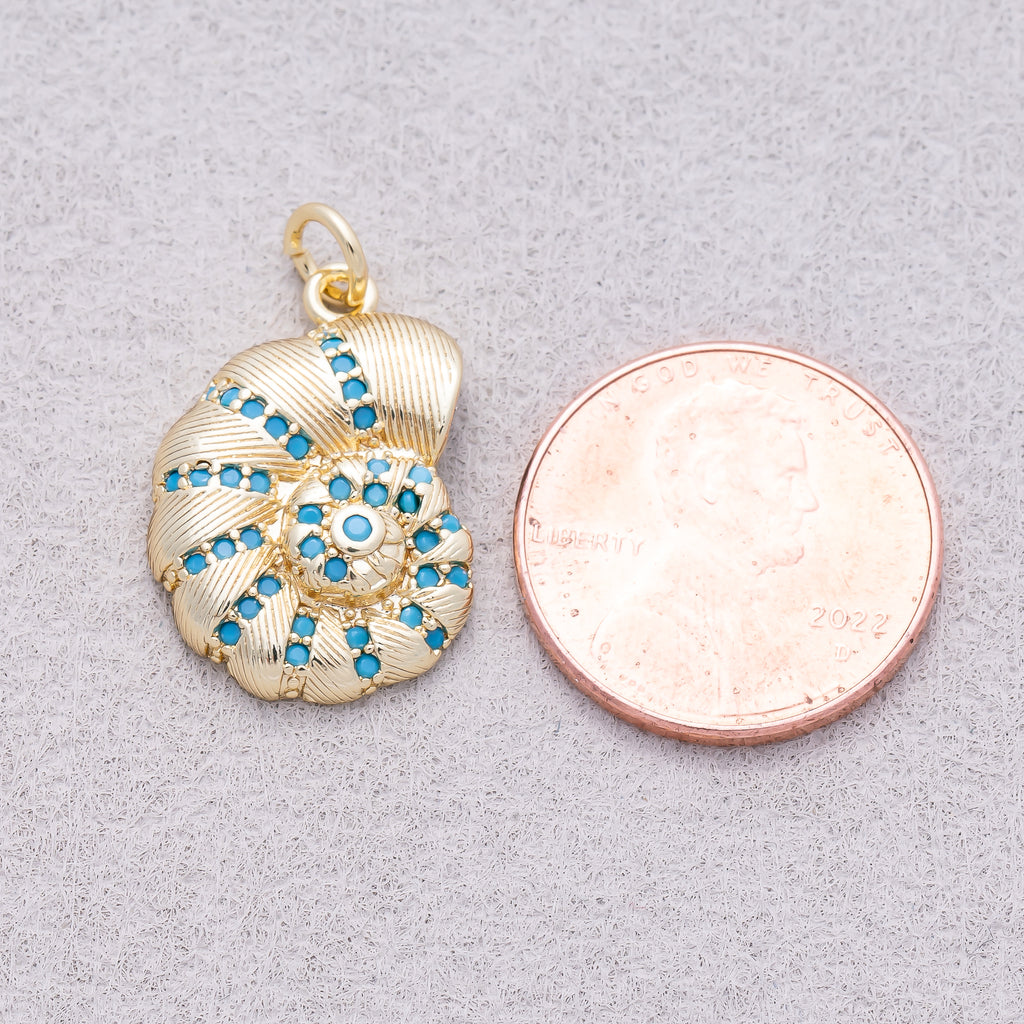 16K Gold Plated Turquoise CZ Textured Nautilus Seashell Ocean Charm - Sold Each